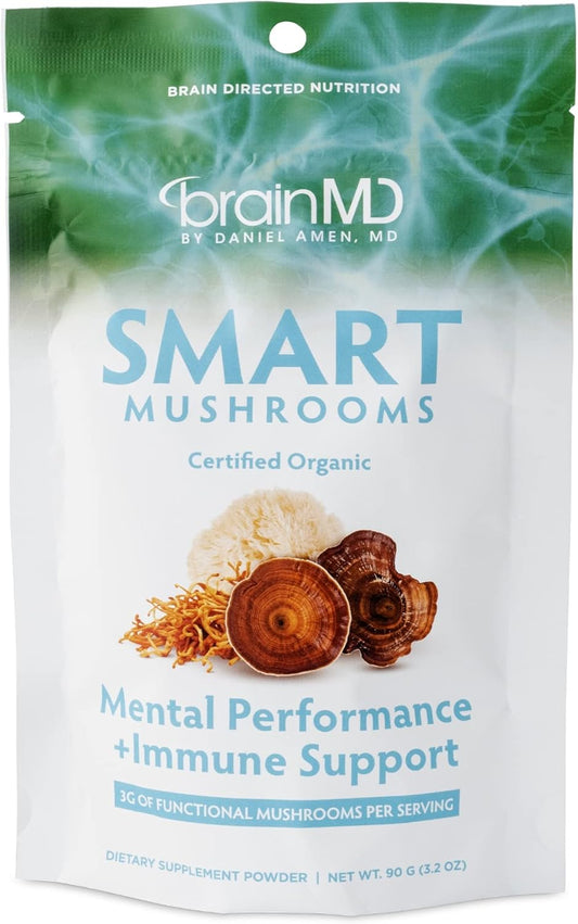 BRAINMD Dr Amen Smart Mushrooms: Mental Performance and Immune Support Supplement - 3.2 oz Vegan Powder - GMO and Gluten Free - 30 Servings