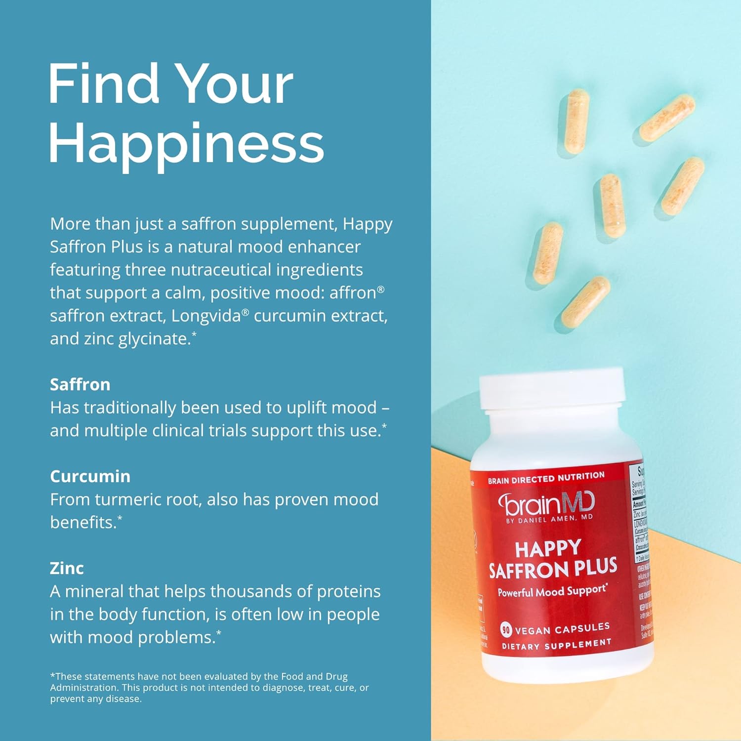 BrainMD Happy Saffron Plus - 90 Capsules with Saffron Flower Extract, Curcumin & Zinc - Vegan, Gluten-Free - 30 Servings