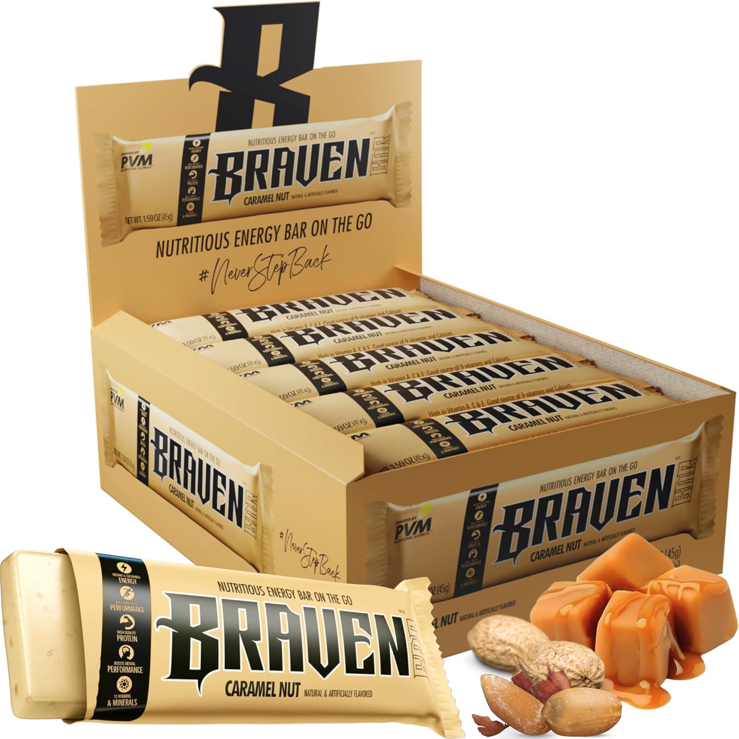 Braven Bar Caramel Nut Energy Bars 1.59 oz, Pack of 20 - Protein-Rich Energy Chews for Running, Hiking, and Sports - Gluten-Free On-the-Go Snacks for Sustained Energy Boosts