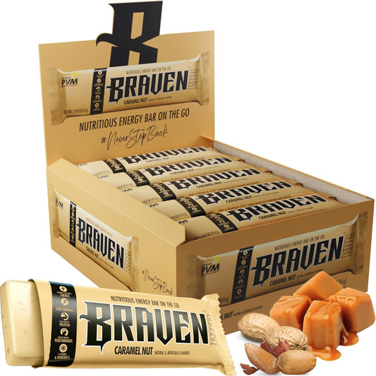 Braven Bar Caramel Nut Energy Bars 1.59 oz, Pack of 20 - Protein-Rich Energy Chews for Running, Hiking, and Sports - Gluten-Free On-the-Go Snacks for Sustained Energy Boosts