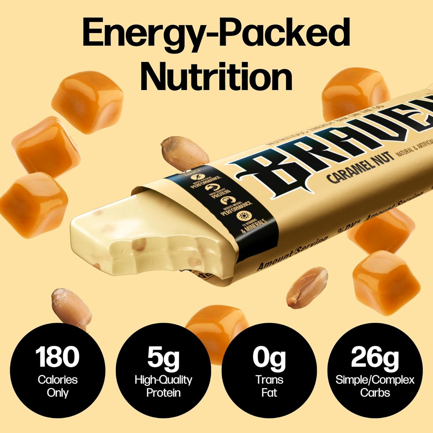 Braven Bar Caramel Nut Energy Bars 1.59 oz, Pack of 20 - Protein-Rich Energy Chews for Running, Hiking, and Sports - Gluten-Free On-the-Go Snacks for Sustained Energy Boosts