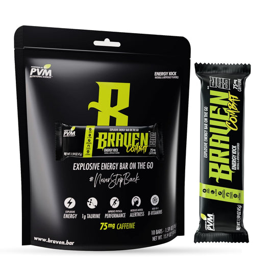 Braven Combat Energy Kick Bars - 10 Pack, 1.59 oz Bars with 75mg Caffeine, Gluten Free Alternative to Energy Chews