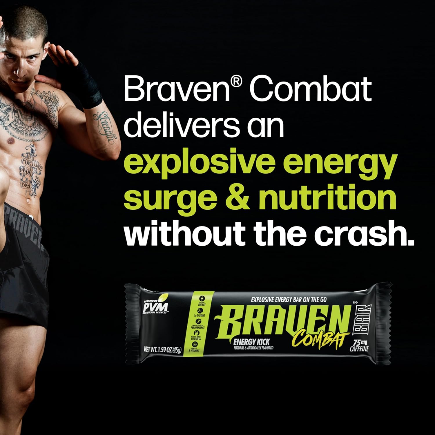 Braven Combat Energy Kick Bars - 10 Pack, 1.59 oz Bars with 75mg Caffeine, Gluten Free Alternative to Energy Chews