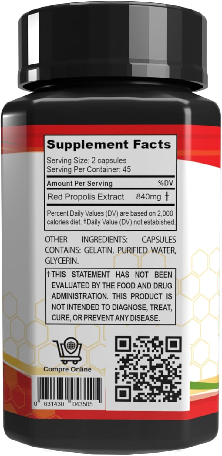 Brazilian Red Propolis Capsules - Pure Alcohol-Free Bee Propolis Supplement - 90 Capsules - Original Concentrated Propolis - 45 Day Supply - 840mg Red Propolis
