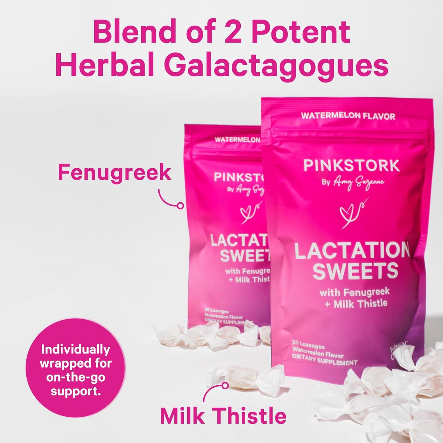 Breastfeeding Support: Pink Stork Lactation Sweets with Fenugreek and Milk Thistle - 30 Watermelon Candy Drops