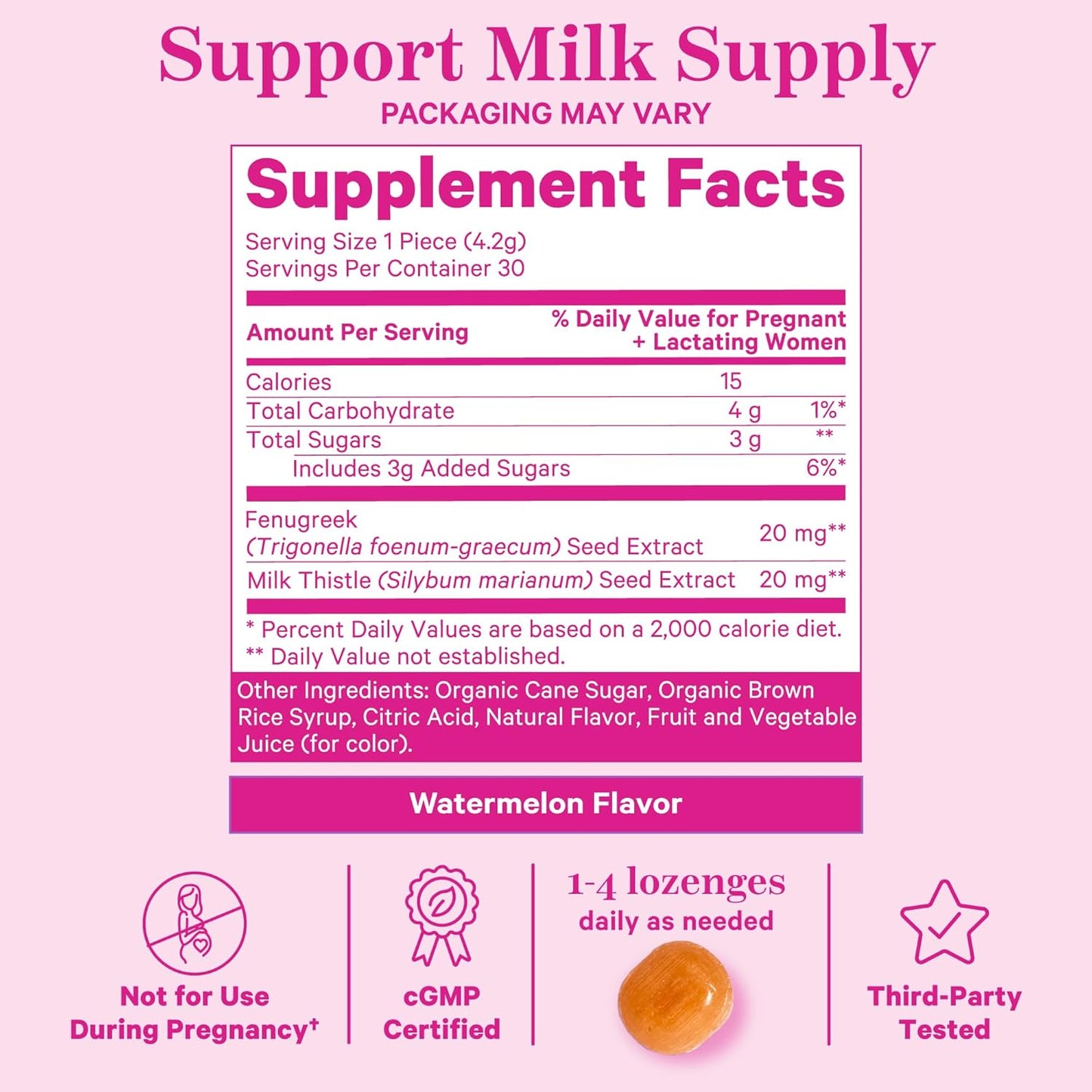 Breastfeeding Support: Pink Stork Lactation Sweets with Fenugreek and Milk Thistle - 30 Watermelon Candy Drops