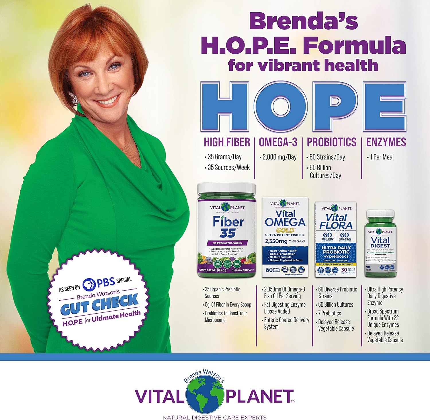 Brenda Watson Vital Planet Gut Health Kit: Ultra Probiotic, Fiber, Omega Oil, Digestive Enzyme - 4 Product Package