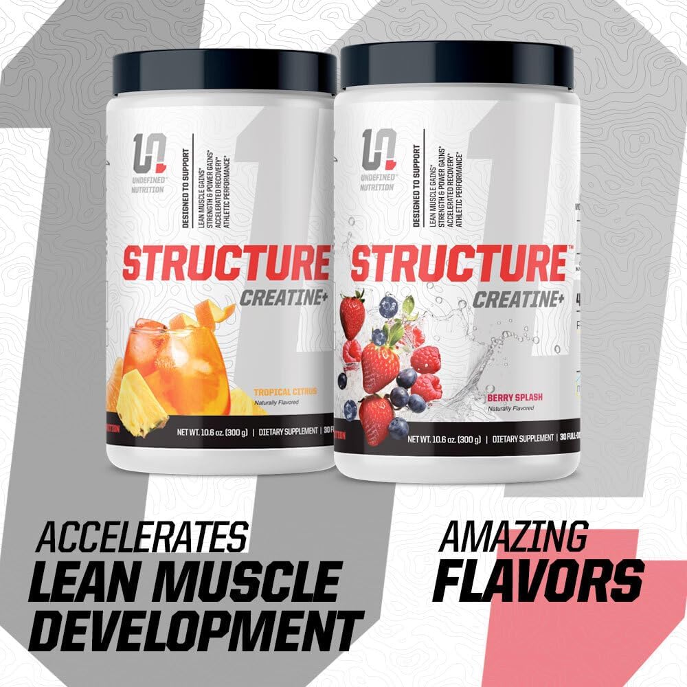 Brian Shaw's Undefined Nutrition Structure Creatine+ - Micronized Creatine Monohydrate with Magnesium Creatine Chelate, HMB & PEAK ATP for Strength, Power, Recovery - Tropical Citrus Flavor, 30 Servings
