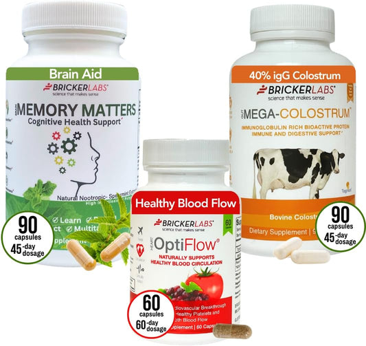 Bricker Labs Travel Wellness Bundle: Optiflow Blood Flow Optimizer, Colostrum Capsule Immune Defense, Brain Aid Memory Matters - Boost Overall Health on the Go