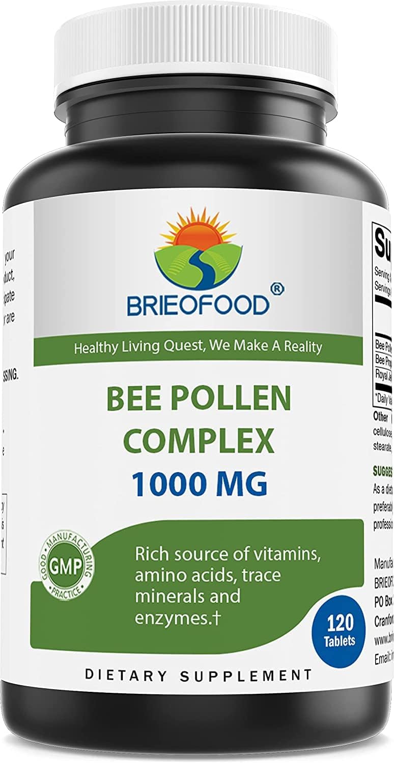 Brieofood Bee Pollen Complex Tablets - 1000 mg, 120 Count - Includes Bee Propolis & Royal Jelly Powder
