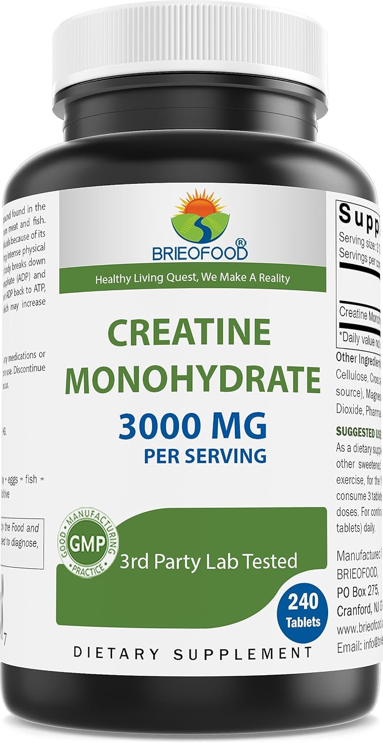 Brieofood Creatine Tablets - 3000mg per Serving - 240 Count - Lab Tested for Purity - Enhances Athletic Performance