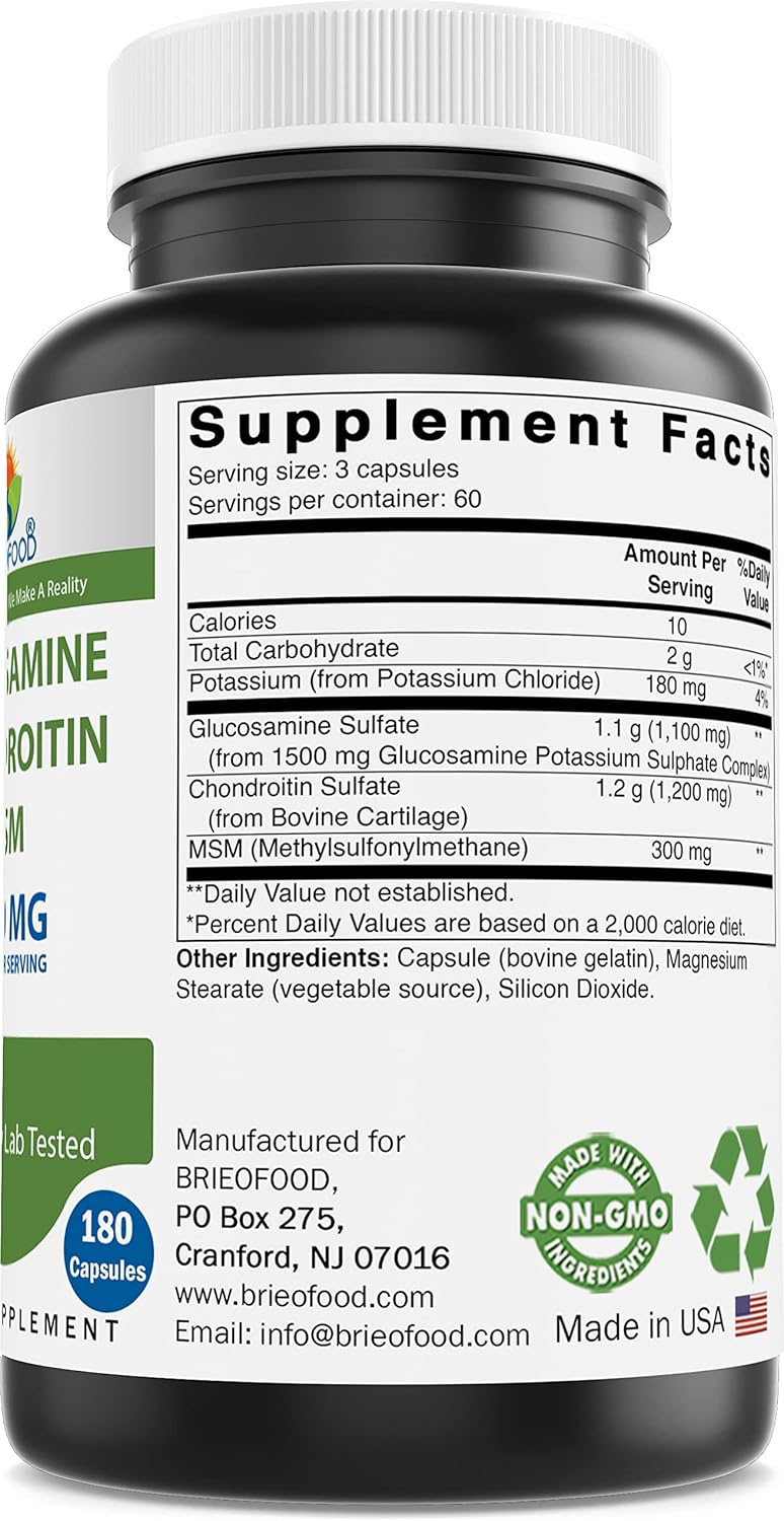 Brieofood Glucosamine Chondroitin MSM Capsules, Triple Strength 2600mg/Serving - Supports Joint Health, Cartilage, and Flexibility - 180 Count