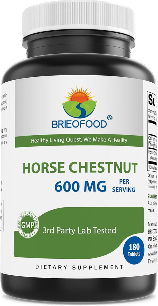 Brieofood Horse Chestnut Extract 600mg - 180 Tablets - Lab Tested for Purity - Supports Leg Circulation & Fluid Balance