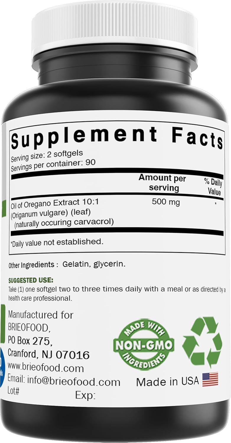 Brieofood Oregano Oil Softgels - 500mg/Serving with Carvacrol - Supports Immune Health - 180 Count