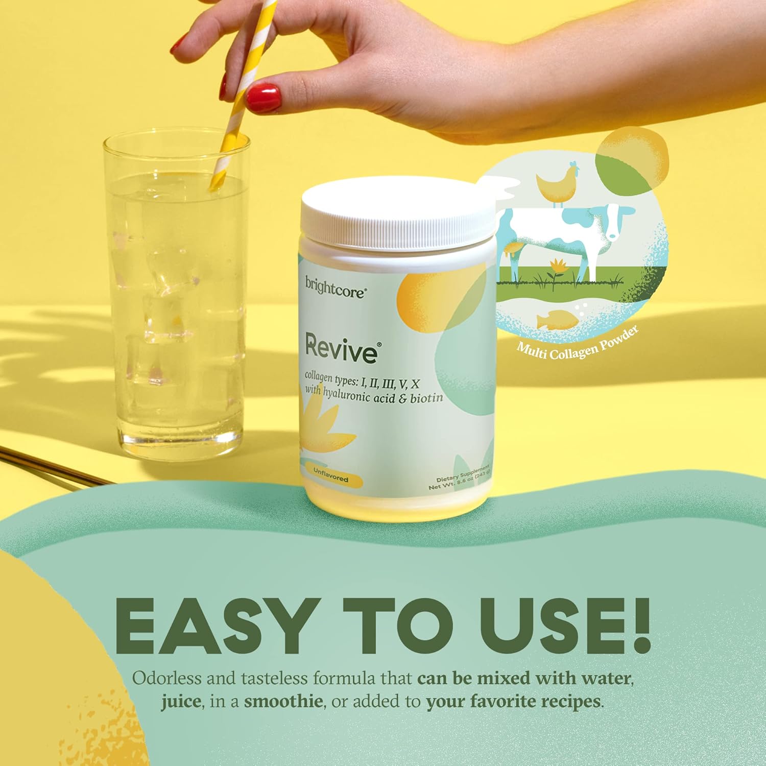 Brightcore Nutrition Revive Multi Collagen Protein Powder with Vitamin C and Hyaluronic Acid - Non-GMO, Gluten-Free, Unflavored - 30 Servings for Women and Men