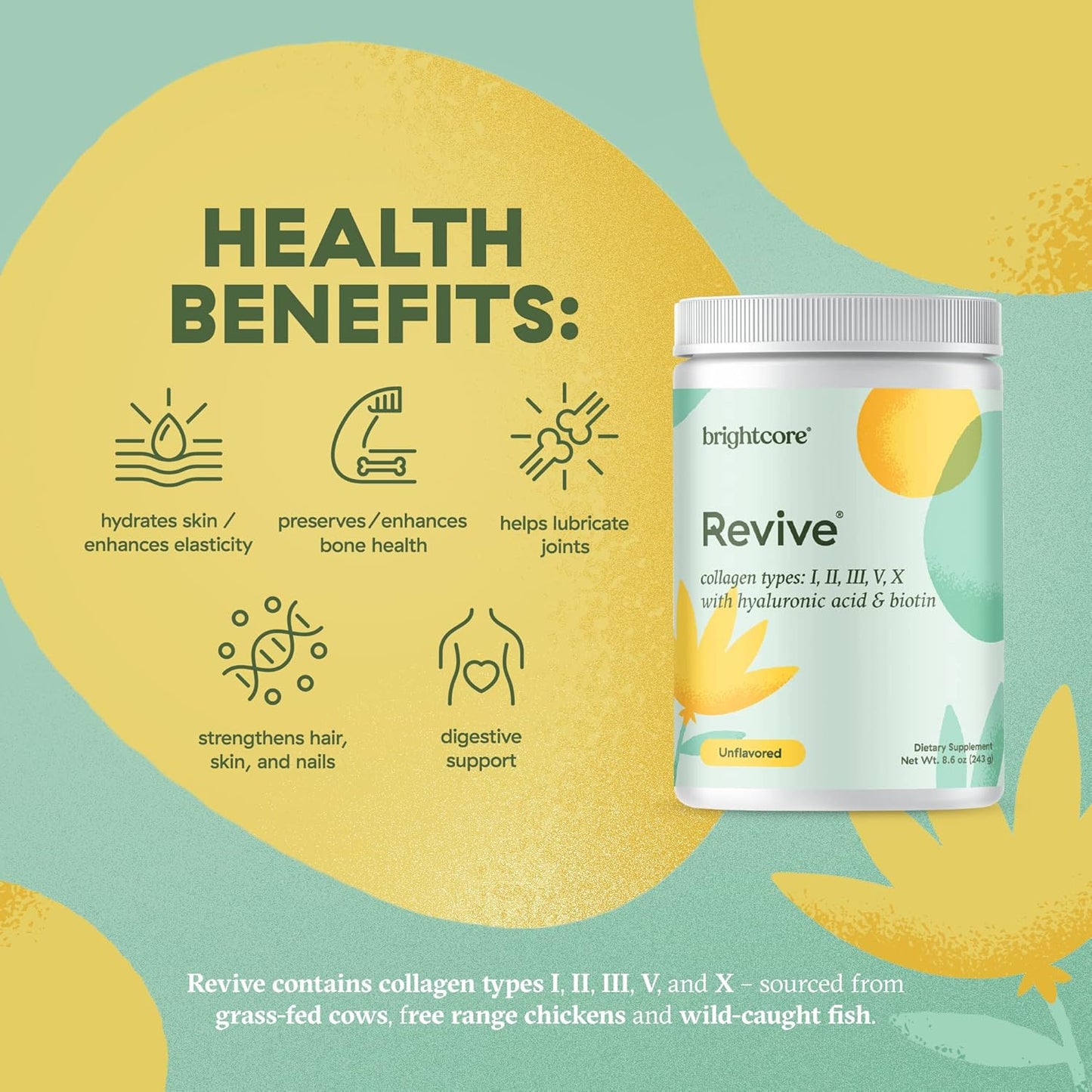 Brightcore Nutrition Revive Multi Collagen Protein Powder with Vitamin C and Hyaluronic Acid - Non-GMO, Gluten-Free, Unflavored - 30 Servings for Women and Men