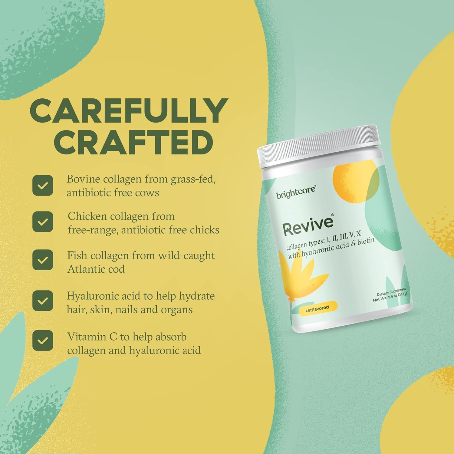 Brightcore Nutrition Revive Multi Collagen Protein Powder with Vitamin C and Hyaluronic Acid - Non-GMO, Gluten-Free, Unflavored - 30 Servings for Women and Men
