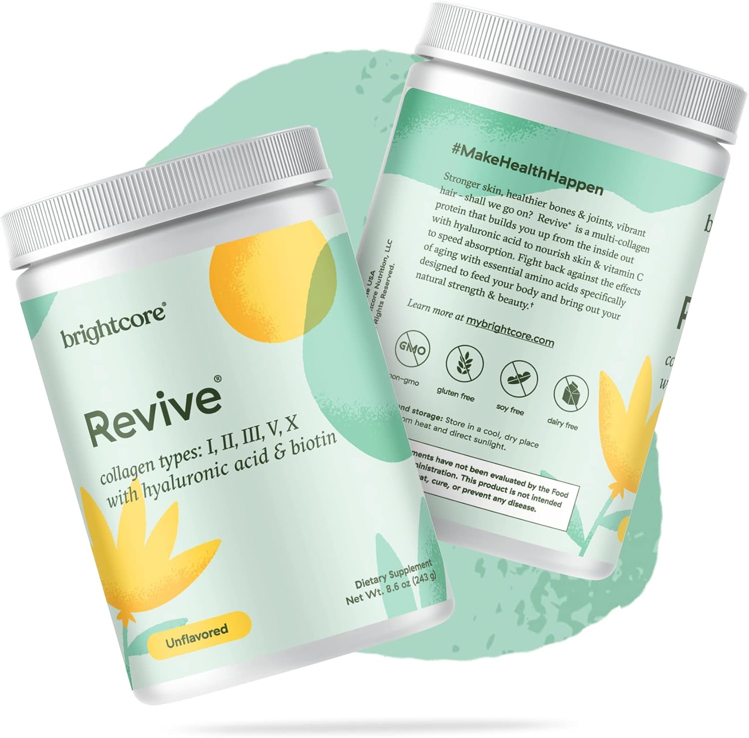 Brightcore Nutrition Revive Multi Collagen Protein Powder with Vitamin C and Hyaluronic Acid - Non-GMO, Gluten-Free, Unflavored - 30 Servings for Women and Men