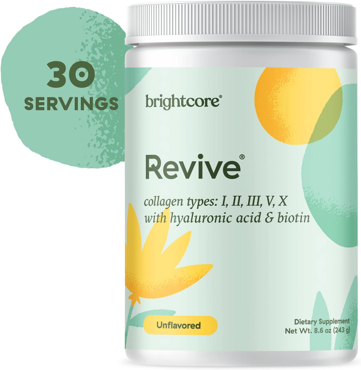 Brightcore Nutrition Revive Multi Collagen Protein Powder with Vitamin C and Hyaluronic Acid - Non-GMO, Gluten-Free, Unflavored - 30 Servings for Women and Men