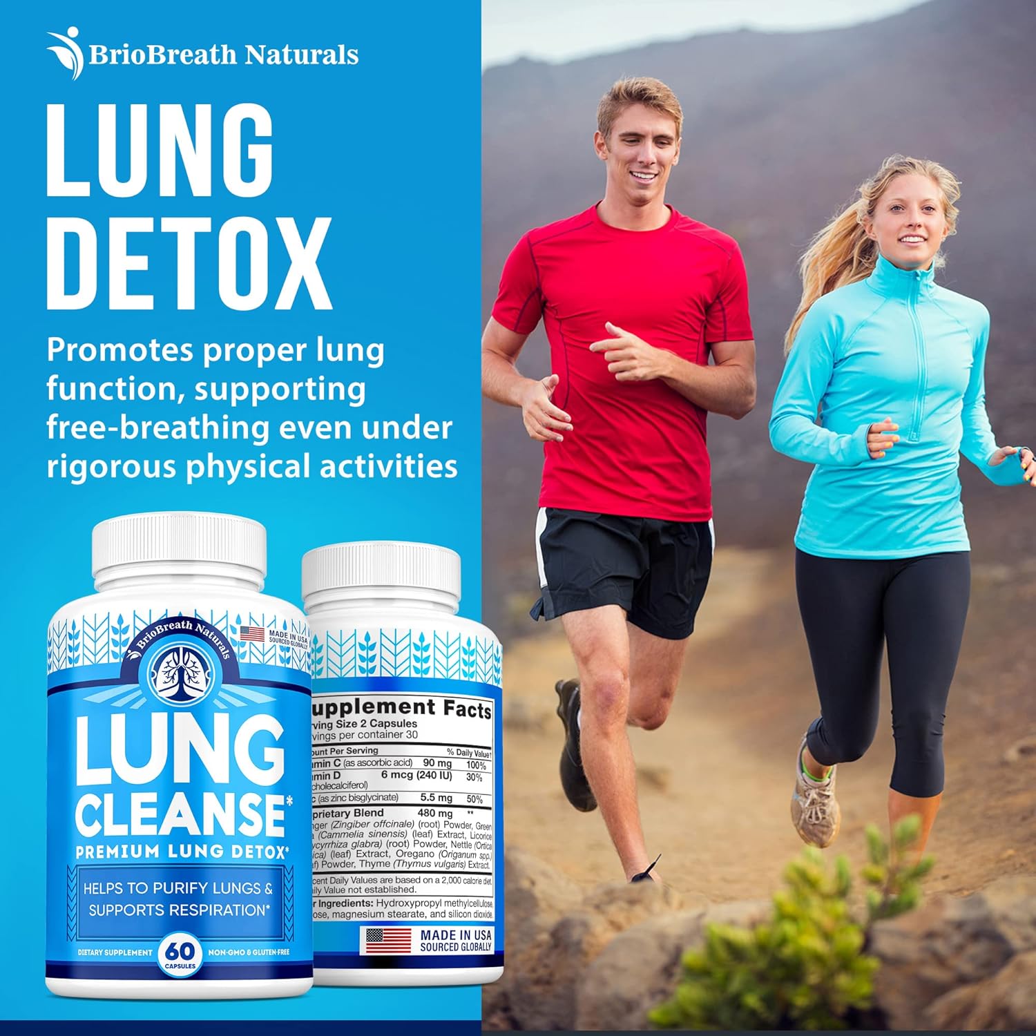 BRIOBREATH NATURALS Lung Support Supplement - Natural Cleanse & Detox Capsules - USA Made - Respiratory System Health - Vegan Detox & Support - 60 Caps