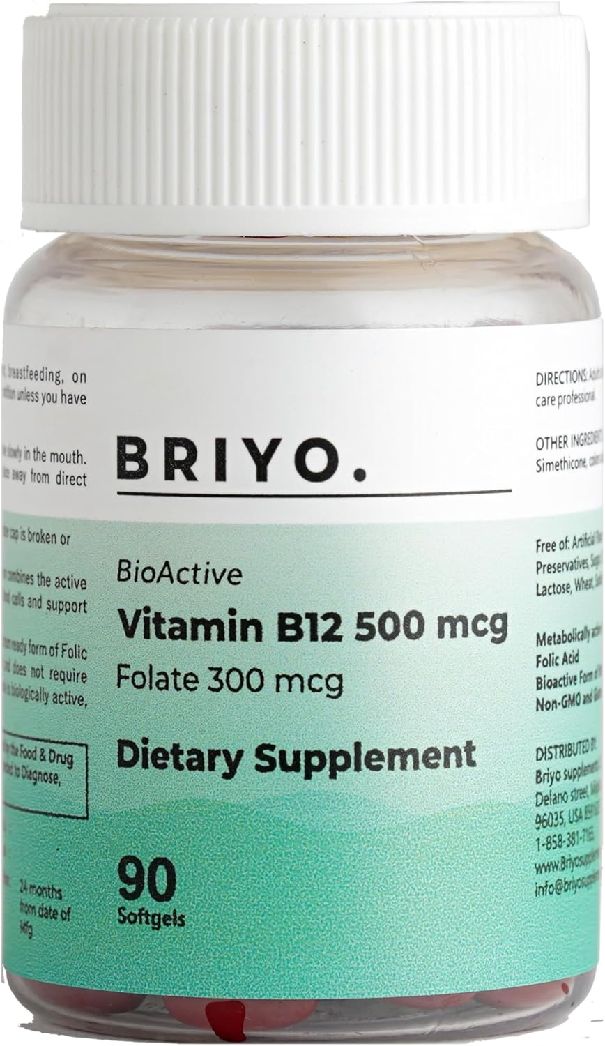 Briyo Vitamin B12 500 mcg with Methylfolate 90 Mini Softgels - Immune Support and Energy Boost