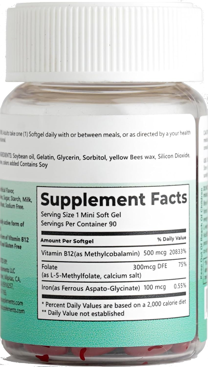 Briyo Vitamin B12 500 mcg with Methylfolate 90 Mini Softgels - Immune Support and Energy Boost
