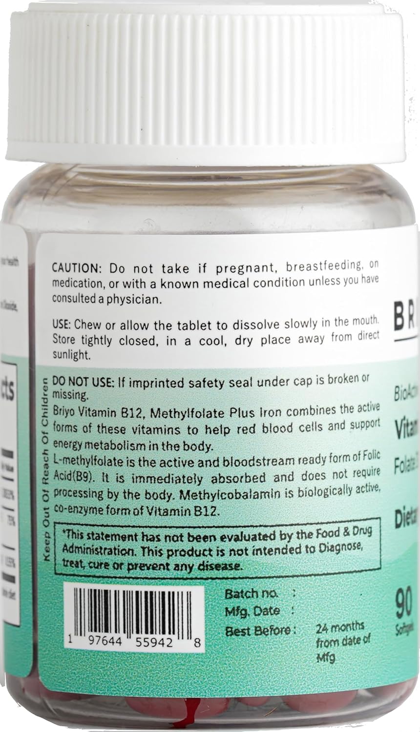 Briyo Vitamin B12 500 mcg with Methylfolate 90 Mini Softgels - Immune Support and Energy Boost
