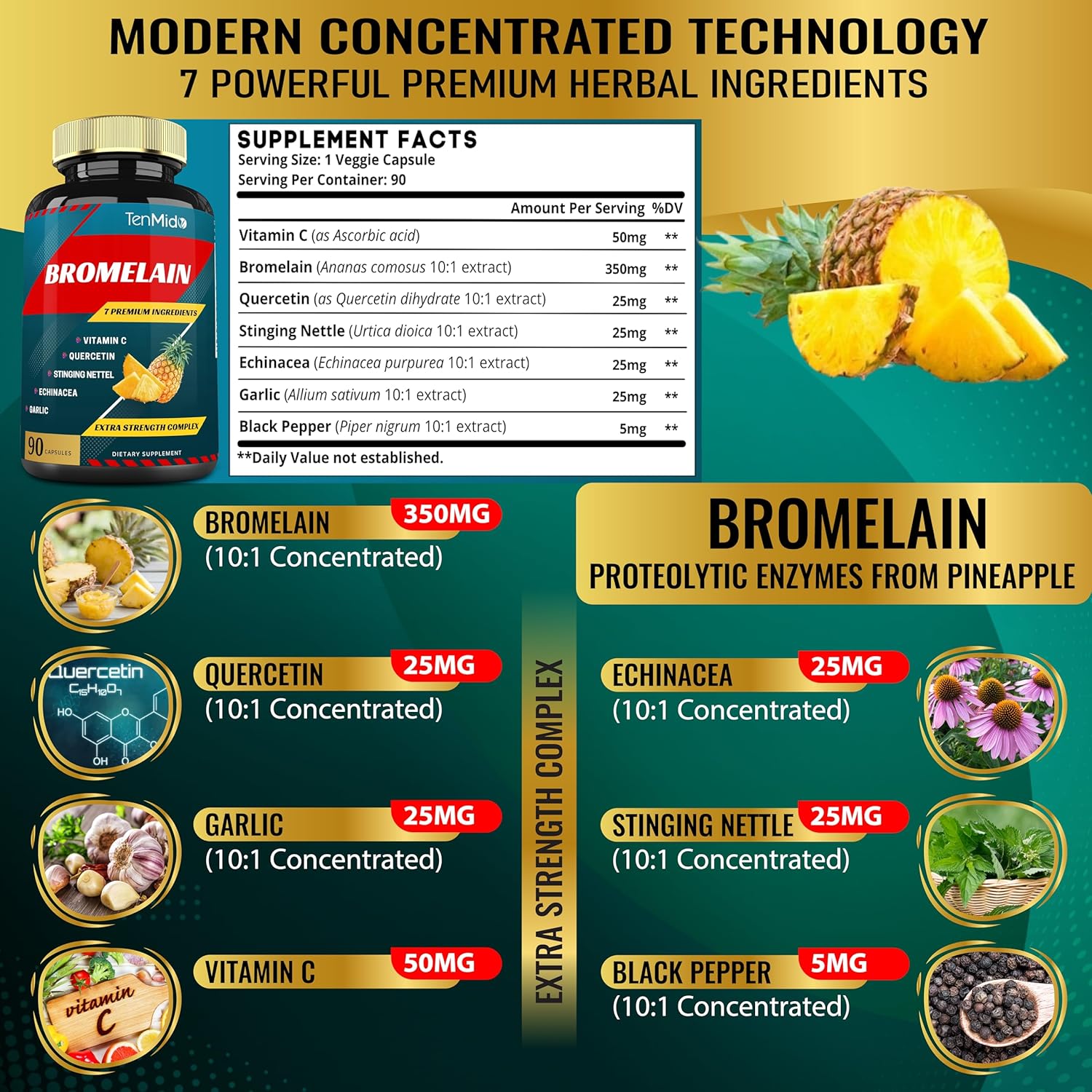 Bromelain Extract Capsules with Proteolytic Enzymes, VitC, Quercetin, Echinacea, Garlic, Pepper - Supports Digestion & Nutrient Absorption - 90caps