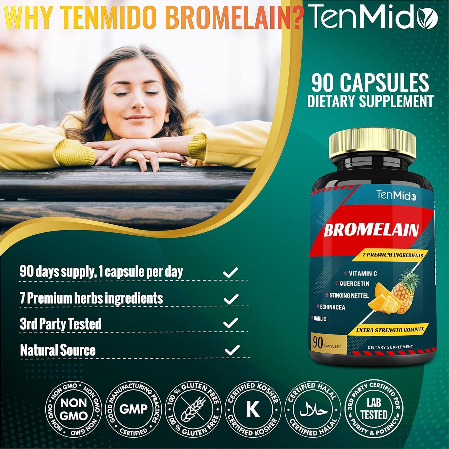 Bromelain Extract Capsules with Proteolytic Enzymes, VitC, Quercetin, Echinacea, Garlic, Pepper - Supports Digestion & Nutrient Absorption - 90caps