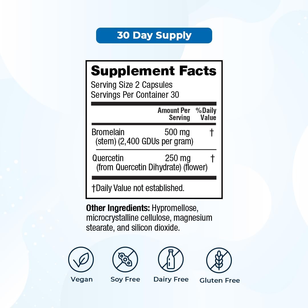 Bromelain & Quercetin Supplement - 500mg Bromelain & 250mg Quercetin - Immunity, Joint Support, Inflammation - 60 Vegan Capsules
