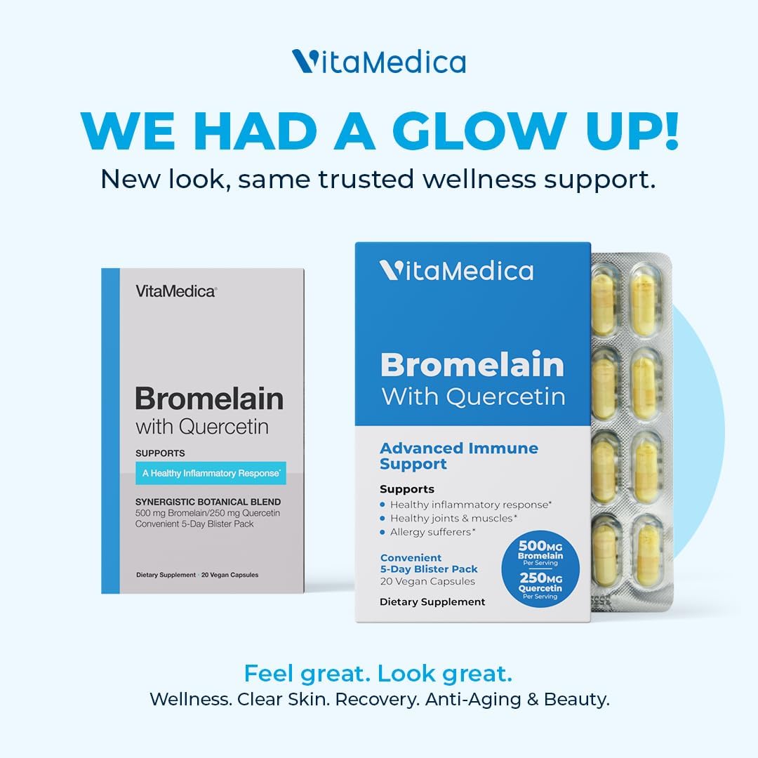 Bromelain & Quercetin Supplement for Immunity, Joints, Inflammation - 500mg & 250mg - 2400 GDU - 20 Vegan Capsules