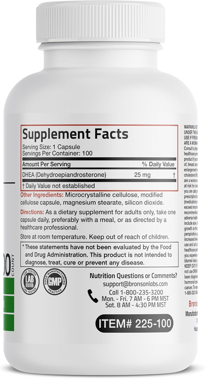 Bronson DHEA 25mg Capsules - Daily Formula for Hormonal Support, 100 Count