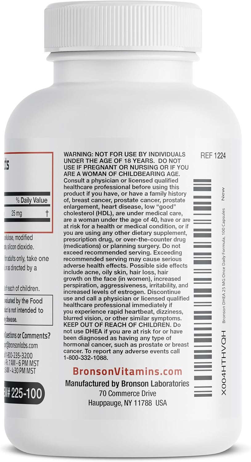 Bronson DHEA 25mg Capsules - Daily Formula for Hormonal Support, 100 Count