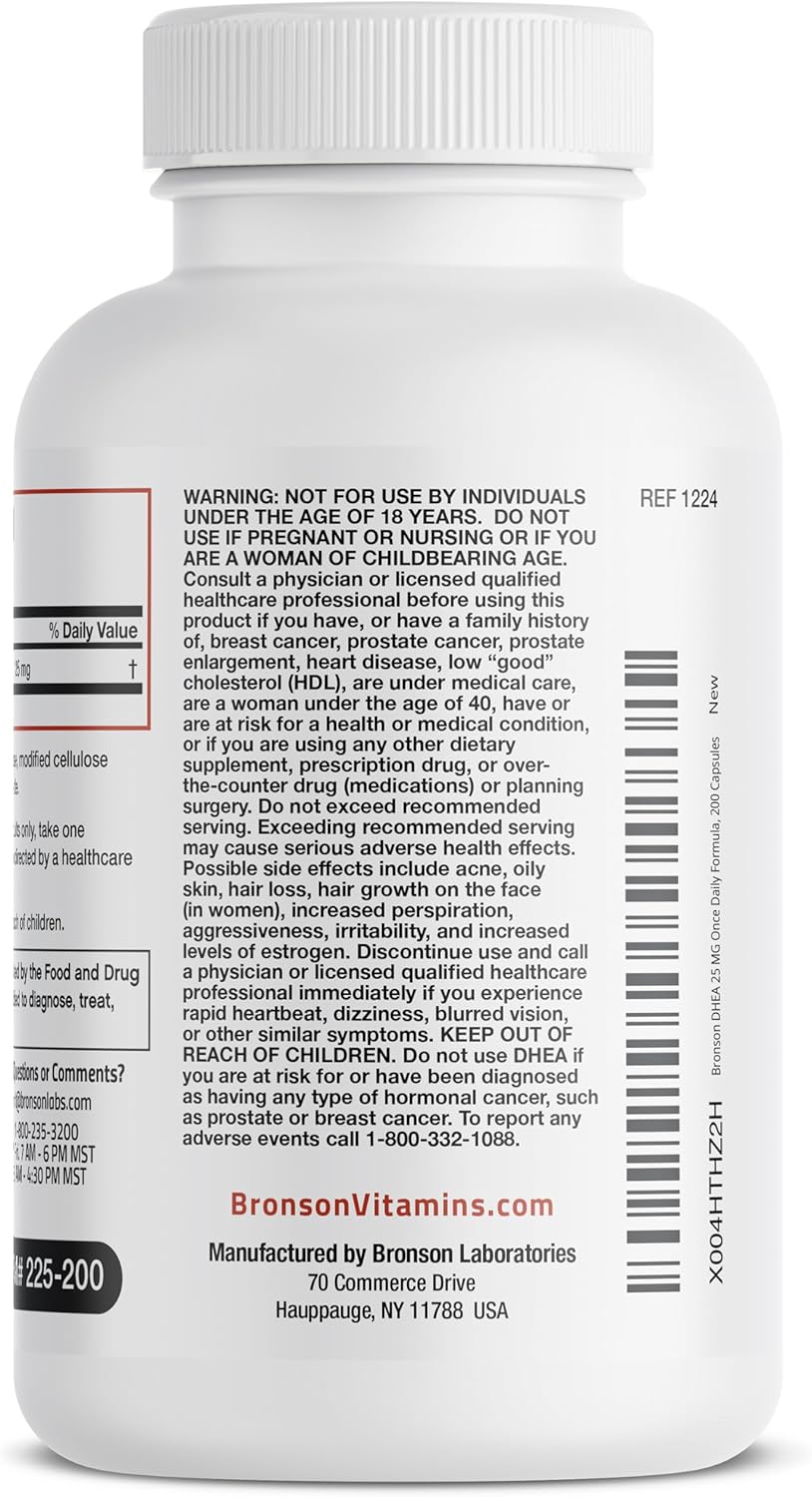 Bronson DHEA 25mg Supplement - 200 Capsules, Daily Formula for Hormone Balance