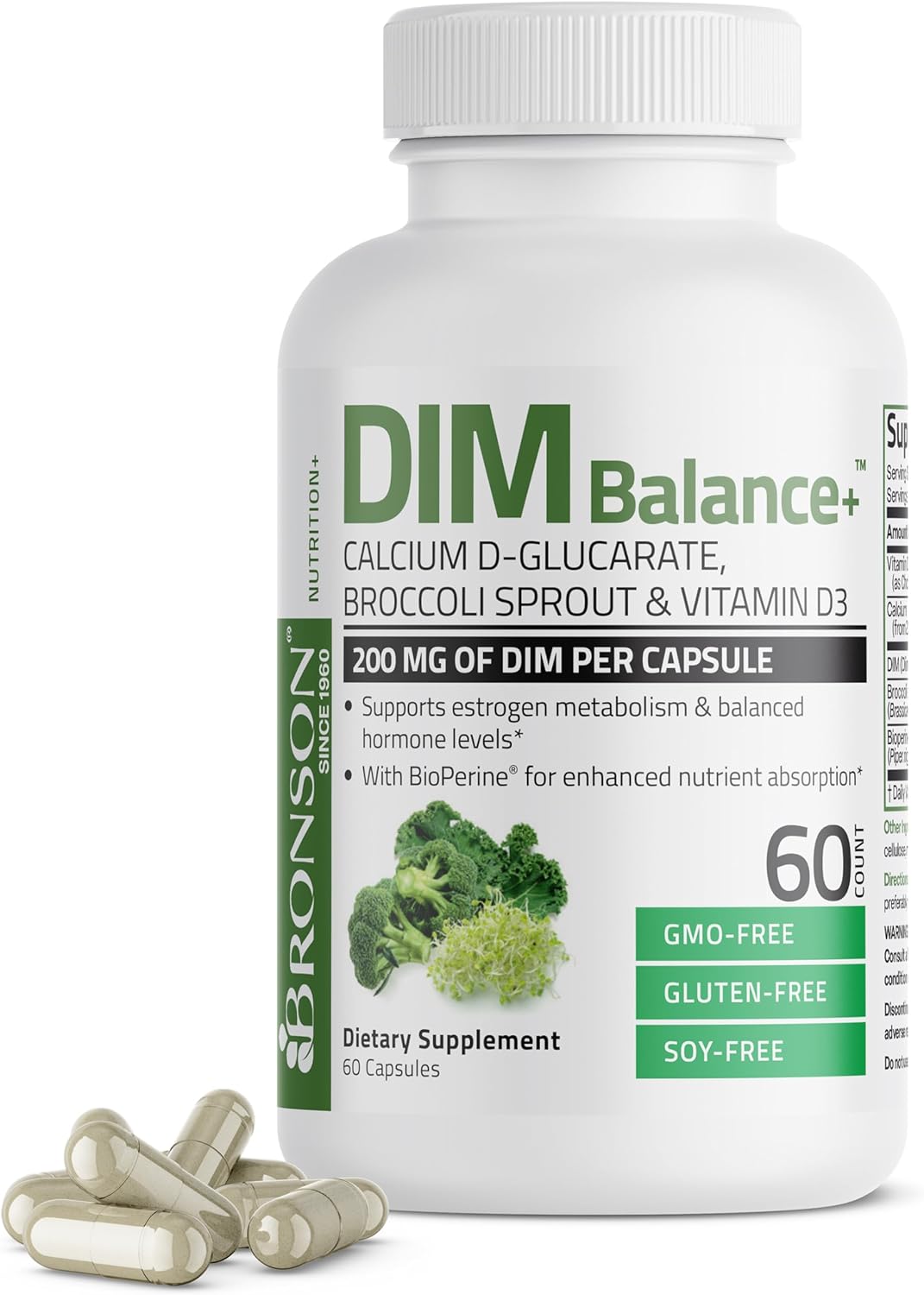 Bronson DIM Balance+ Calcium D-Glucarate, Broccoli Sprouts & Vitamin D3 - 60 Capsules, Non-GMO, Supports Hormone Balance with 200 MG DIM