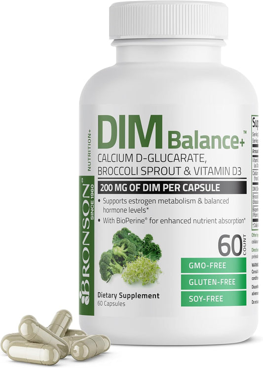 Bronson DIM Balance+ Calcium D-Glucarate, Broccoli Sprouts & Vitamin D3 - 60 Capsules, Non-GMO, Supports Hormone Balance with 200 MG DIM