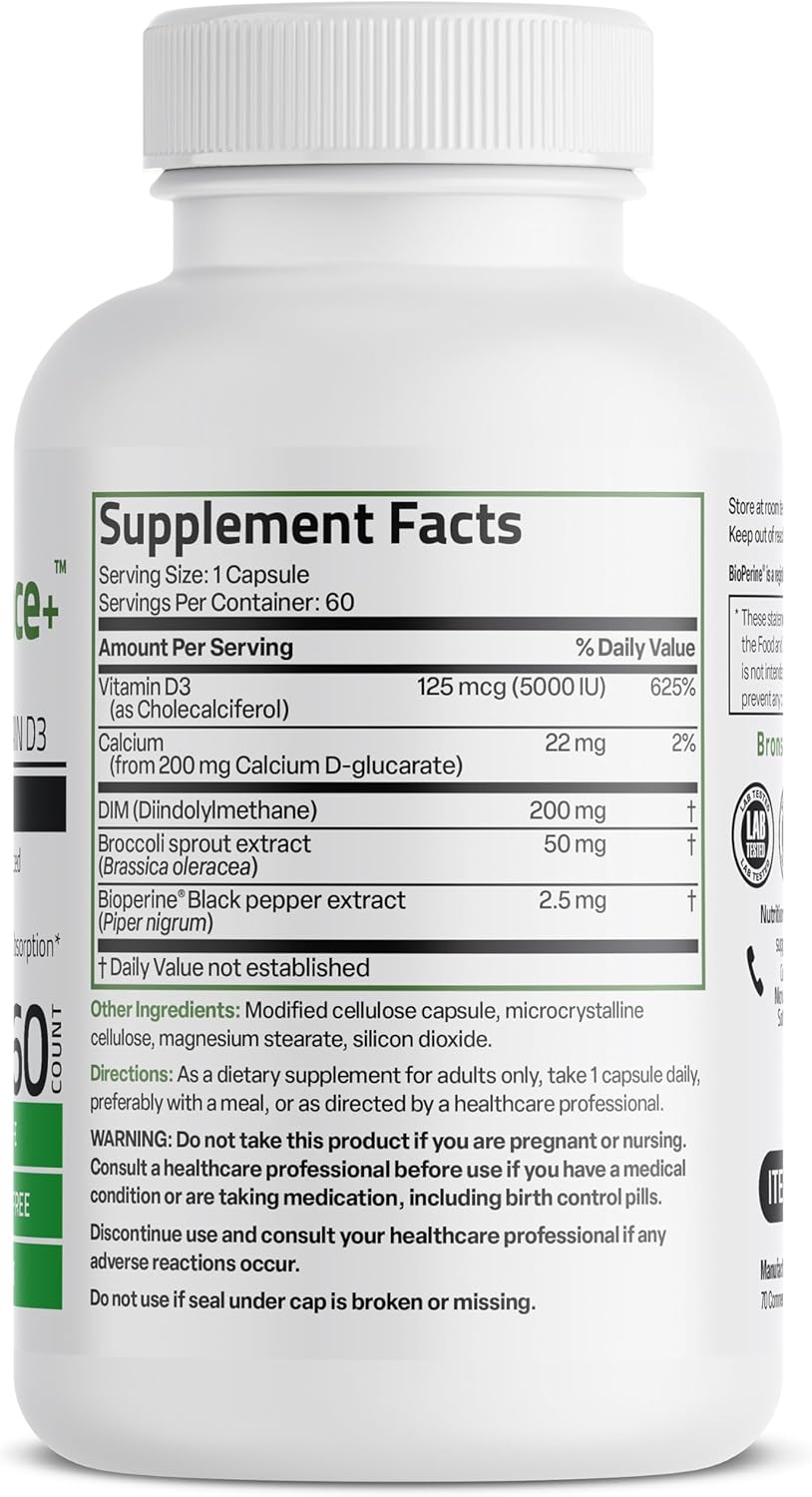 Bronson DIM Balance+ Calcium D-Glucarate, Broccoli Sprouts & Vitamin D3 - 60 Capsules, Non-GMO, Supports Hormone Balance with 200 MG DIM