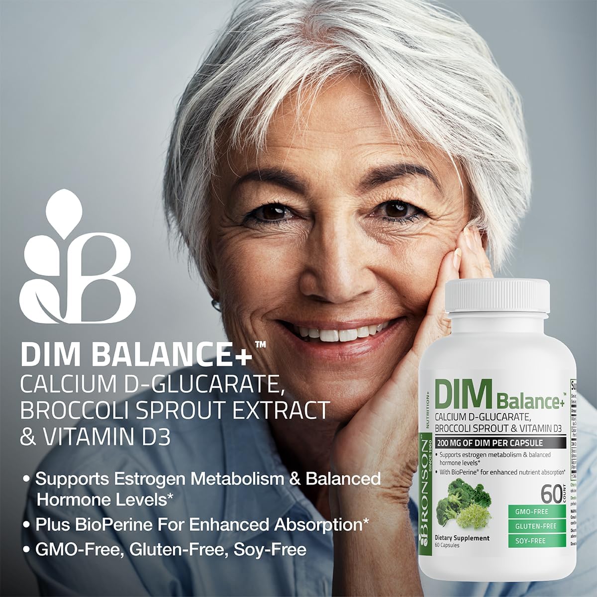 Bronson DIM Balance+ Calcium D-Glucarate, Broccoli Sprouts & Vitamin D3 - 60 Capsules, Non-GMO, Supports Hormone Balance with 200 MG DIM