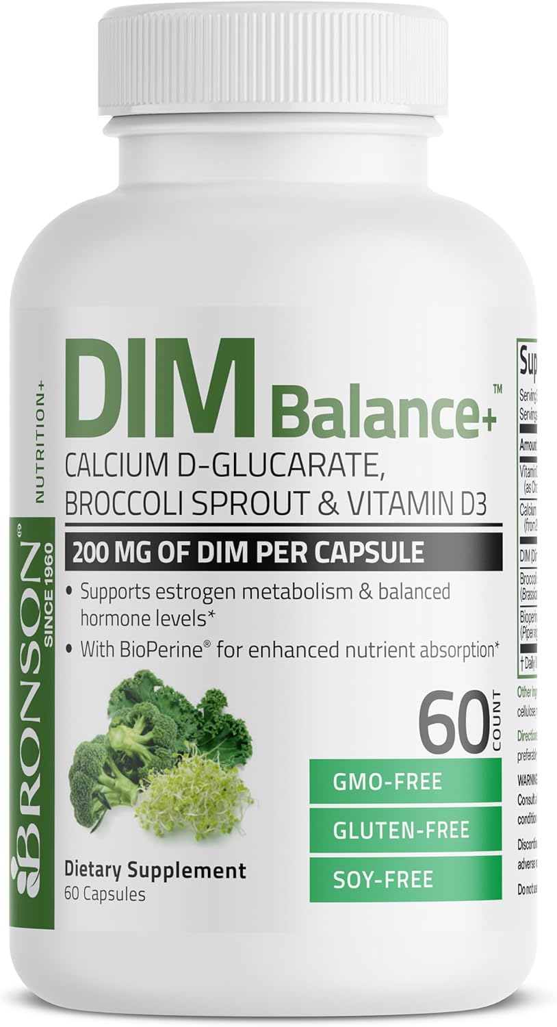 Bronson DIM Balance+ Calcium D-Glucarate, Broccoli Sprouts & Vitamin D3 - 60 Capsules, Non-GMO, Supports Hormone Balance with 200 MG DIM