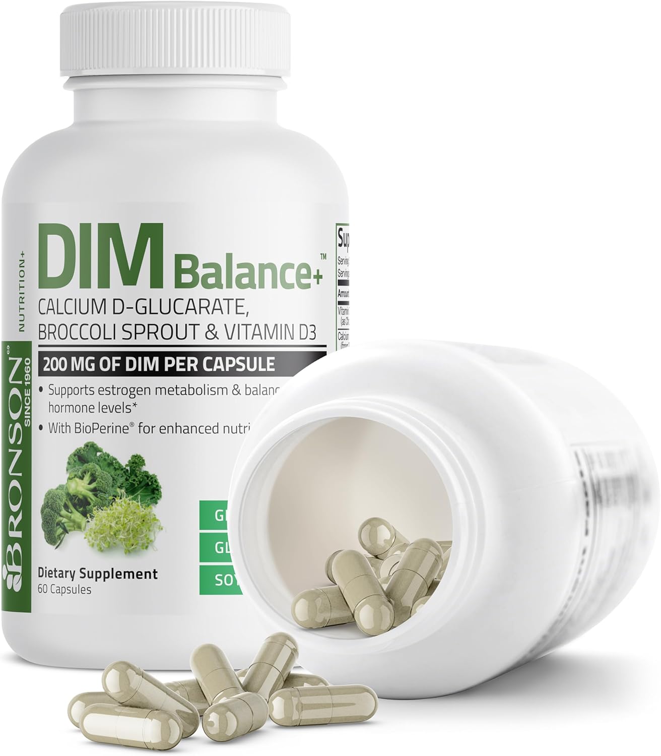 Bronson DIM Balance+ Calcium D-Glucarate, Broccoli Sprouts & Vitamin D3 - 60 Capsules, Non-GMO, Supports Hormone Balance with 200 MG DIM