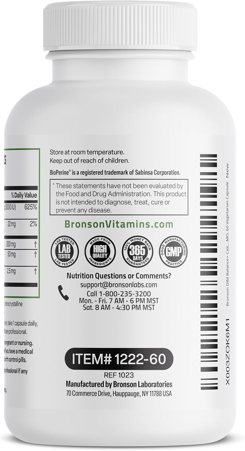 Bronson DIM Balance+ Calcium D-Glucarate, Broccoli Sprouts & Vitamin D3 - 60 Capsules, Non-GMO, Supports Hormone Balance with 200 MG DIM