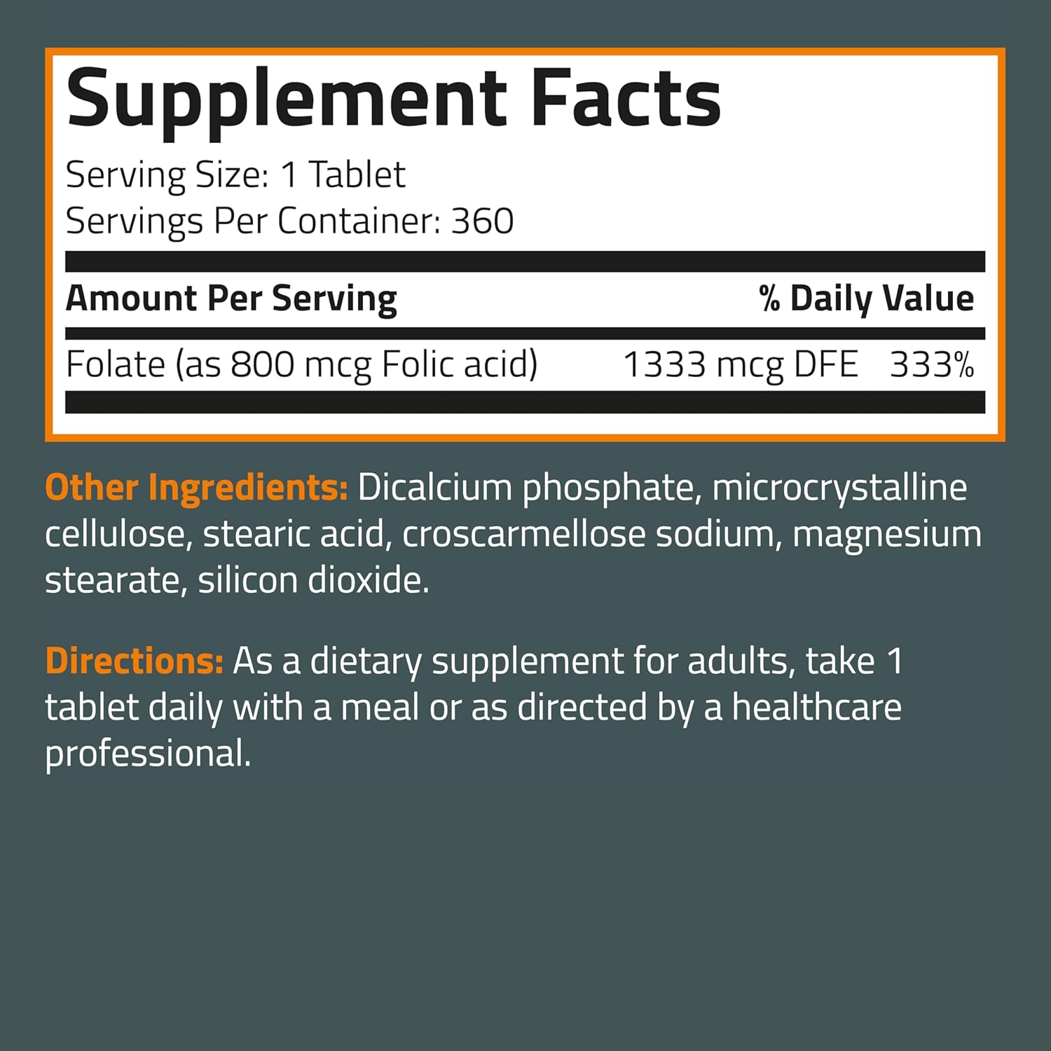 Bronson Folic Acid 800 MCG Tablets for Prenatal Development - 1 Year Supply, Non-GMO - 360 Tablets
