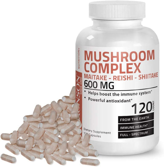 Bronson Full Spectrum Mushroom Complex Capsules - 600mg - 120 Count - Immune System Support with Maitake, Reishi, Shiitake - Antioxidant Booster