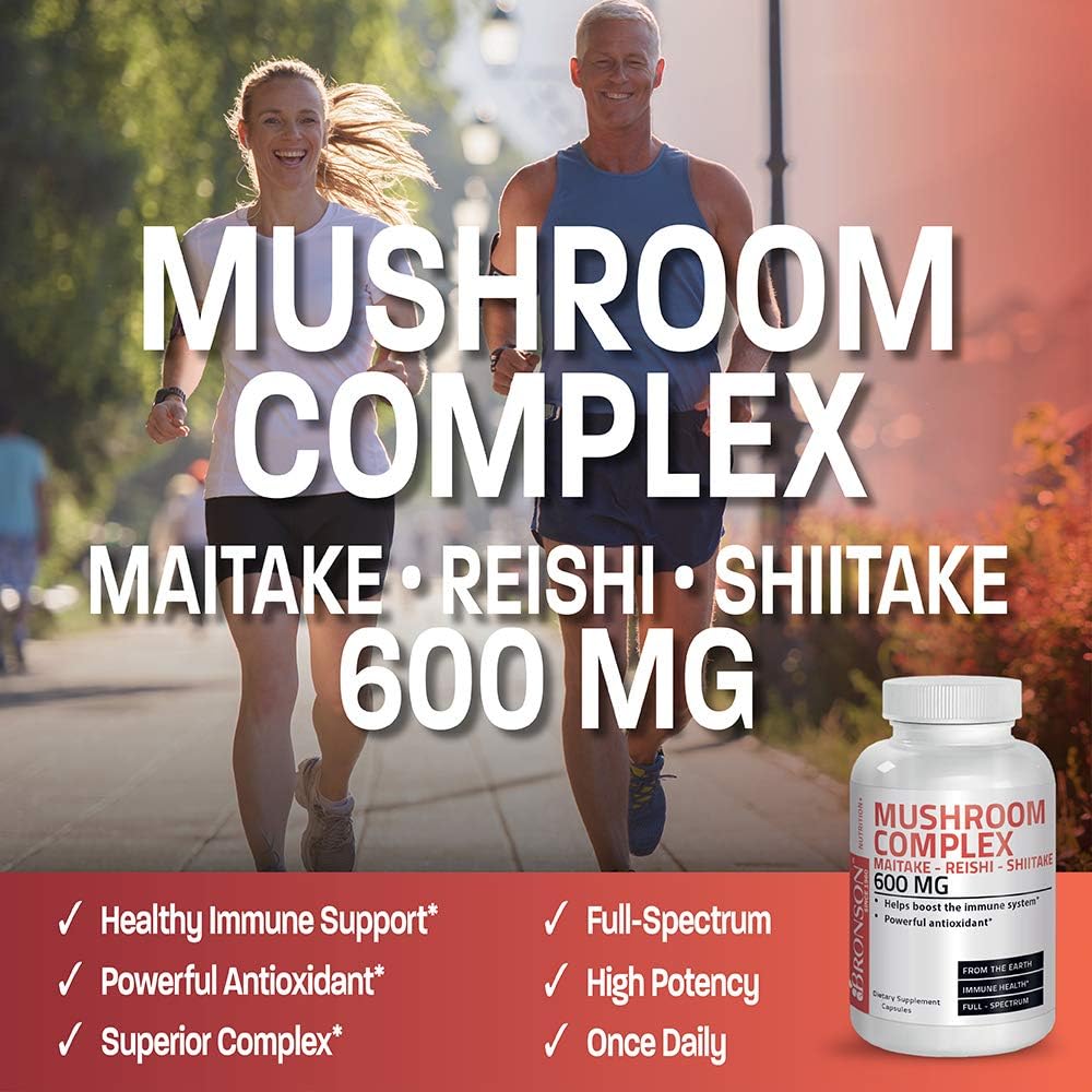Bronson Full Spectrum Mushroom Complex Capsules - 600mg - 120 Count - Immune System Support with Maitake, Reishi, Shiitake - Antioxidant Booster