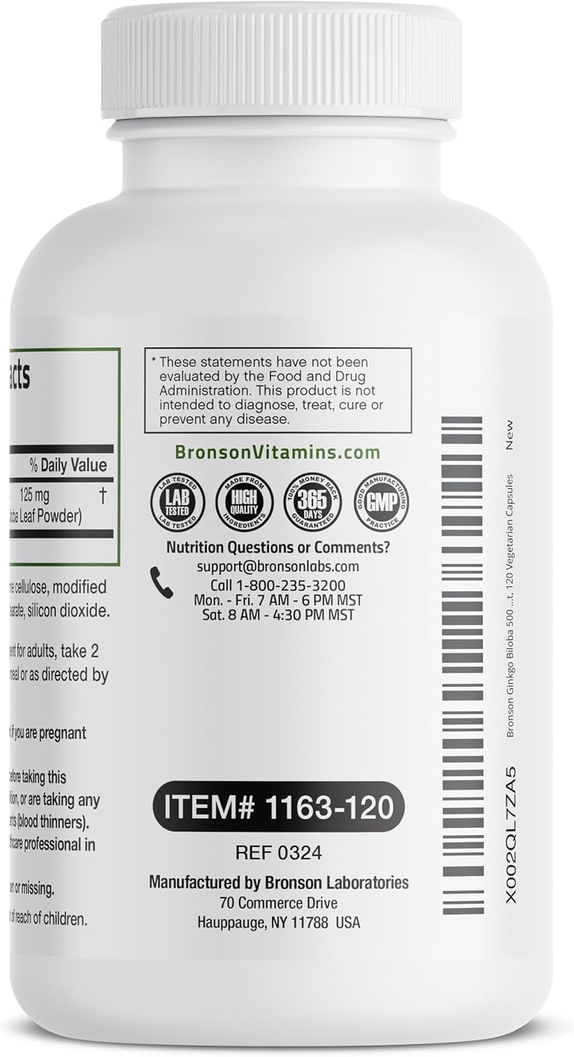 Bronson Ginkgo Biloba Extra Strength Capsules for Brain Function & Memory Support - 120 Vegetarian Capsules
