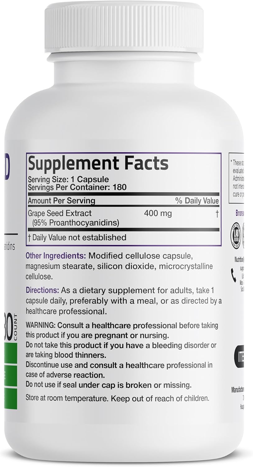 Bronson Grape Seed Extract 400 mg - High Antioxidant & Immune Boost - 95% Proanthocyanidins - Non GMO, 180 Veg Caps