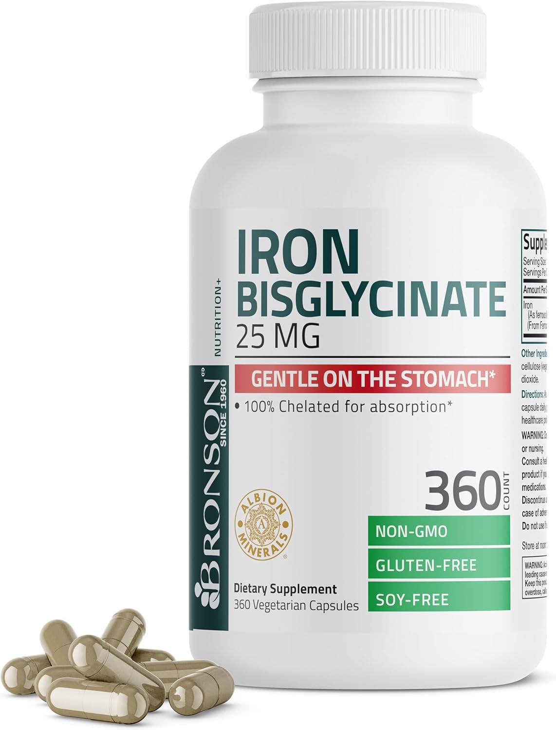 Bronson Iron Bisglycinate 25 mg: Gentle on Stomach, Supports Energy & Red Blood Cell Production - Non-Constipating, Non GMO - 360 Capsules