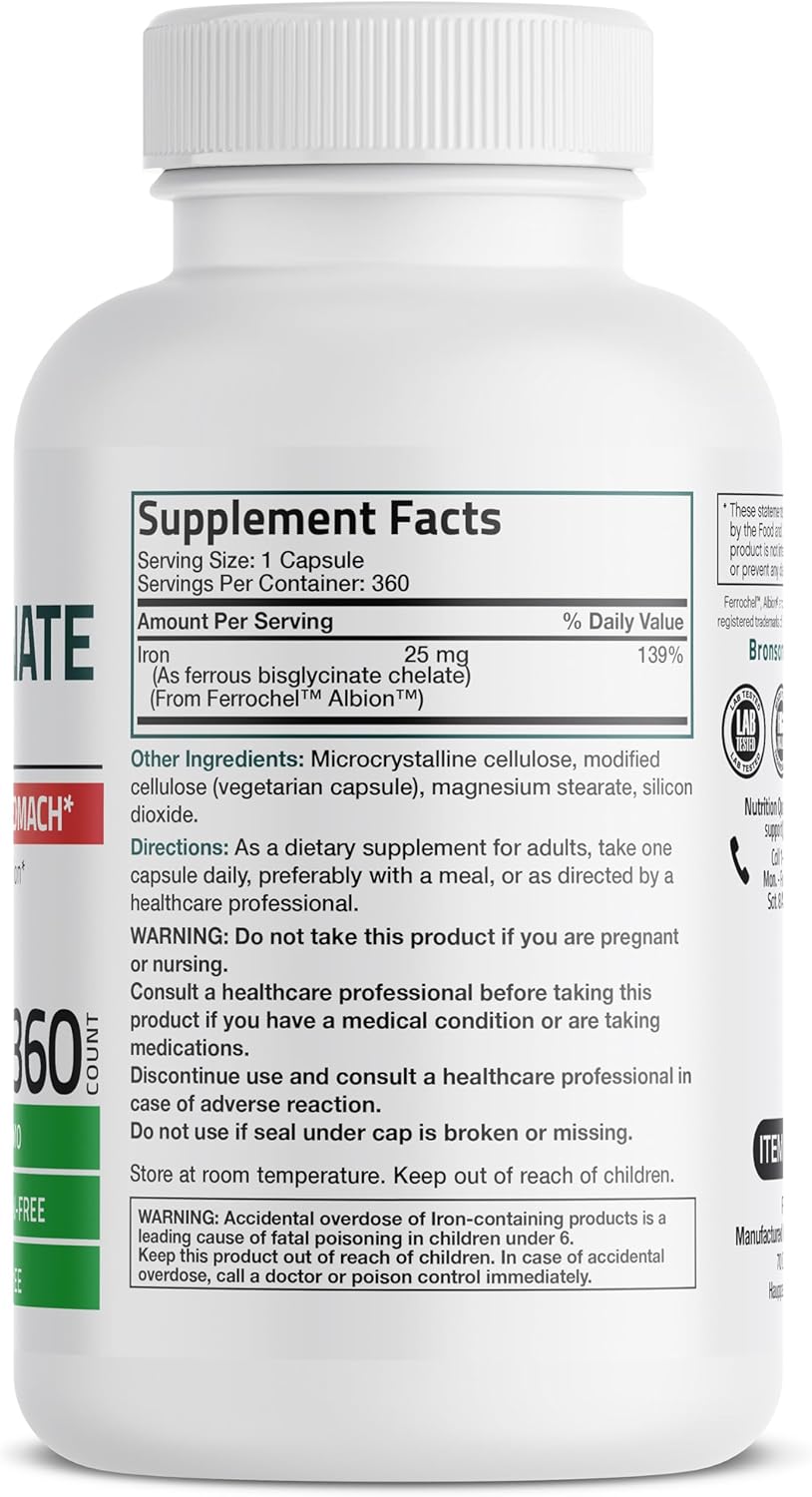 Bronson Iron Bisglycinate 25 mg: Gentle on Stomach, Supports Energy & Red Blood Cell Production - Non-Constipating, Non GMO - 360 Capsules
