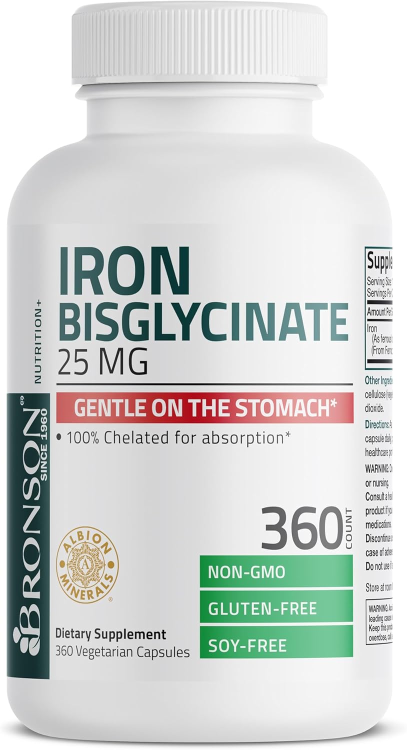 Bronson Iron Bisglycinate 25 mg: Gentle on Stomach, Supports Energy & Red Blood Cell Production - Non-Constipating, Non GMO - 360 Capsules