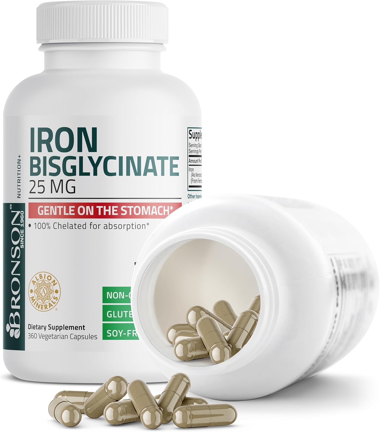 Bronson Iron Bisglycinate 25 mg: Gentle on Stomach, Supports Energy & Red Blood Cell Production - Non-Constipating, Non GMO - 360 Capsules
